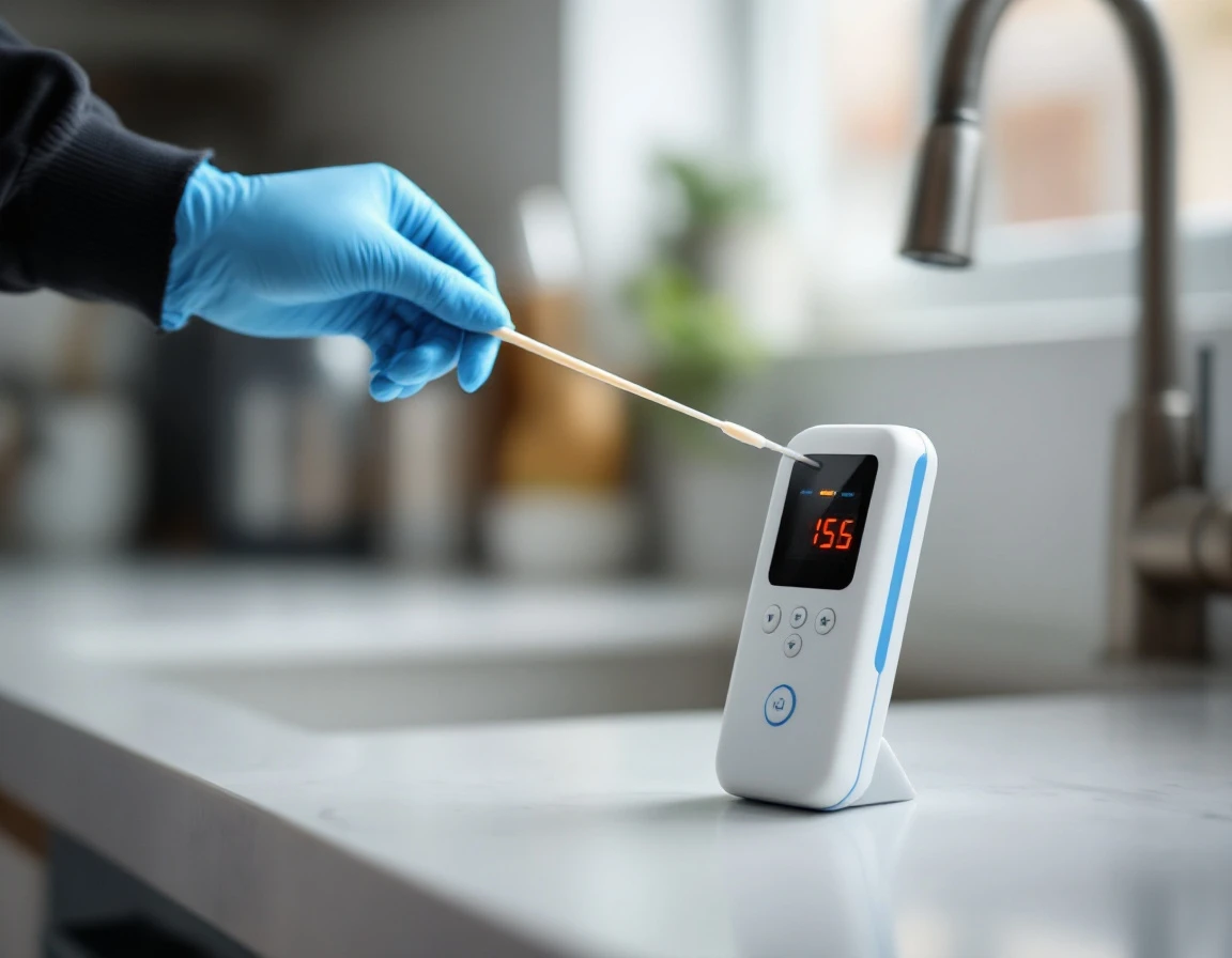 A gloved hand inserting a sample swab into the luminometer at a kitchen counter