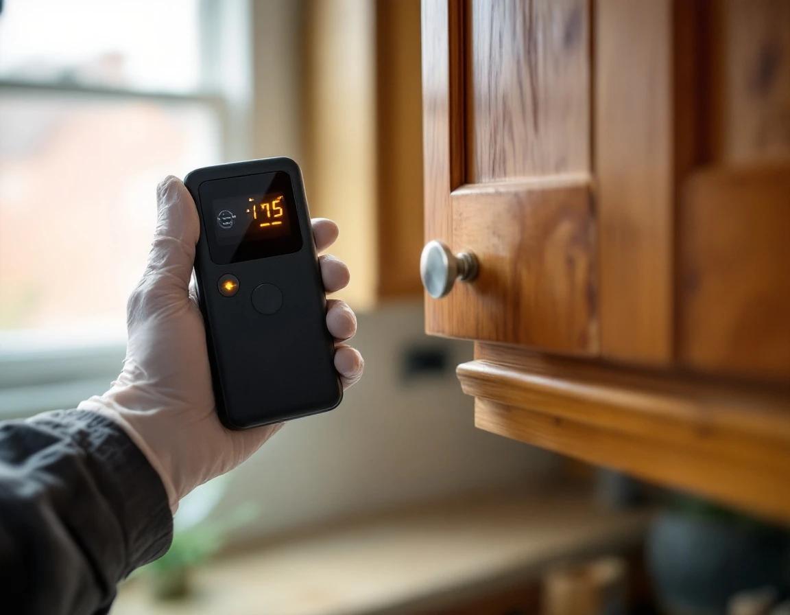 A single-gas monitor held up to newly installed kitchen cabinets