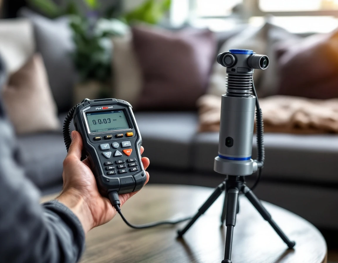 A handheld meter cabled to a multi-sensor air probe on a tripod in a living room