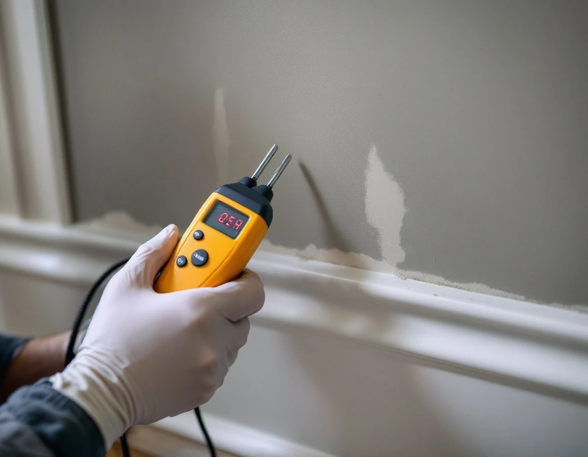 A pin-type moisture meter pressed into water-stained drywall above a baseboard