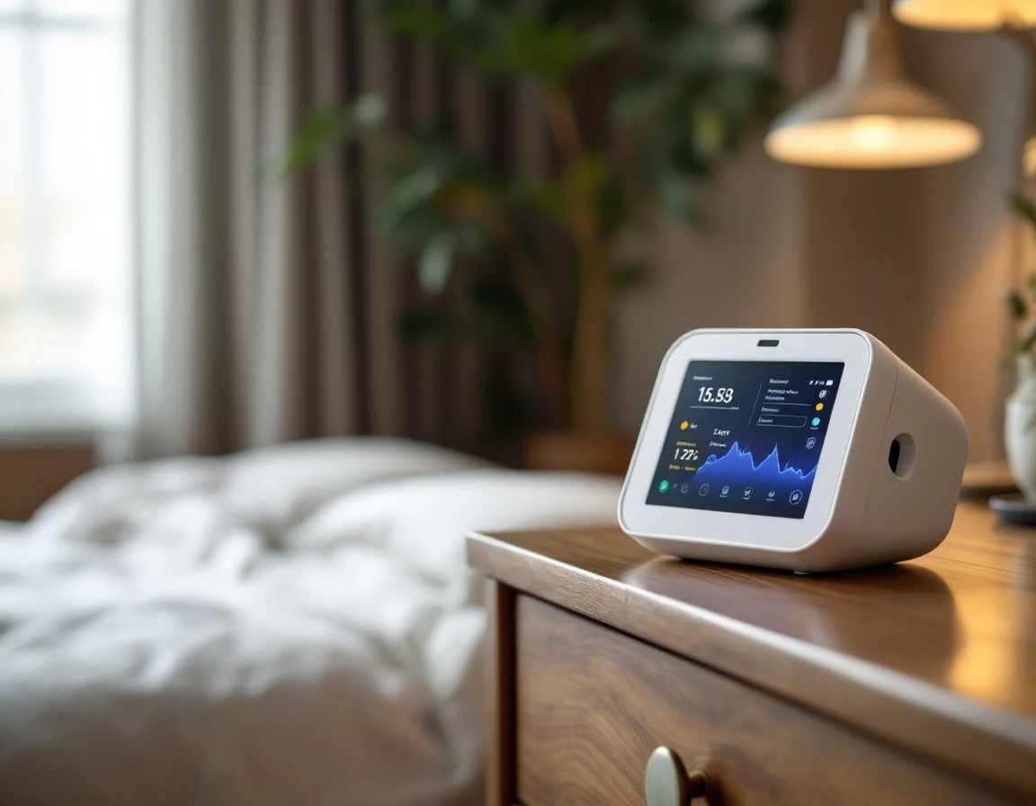 An air quality monitor sampling a bedroom from a dresser top