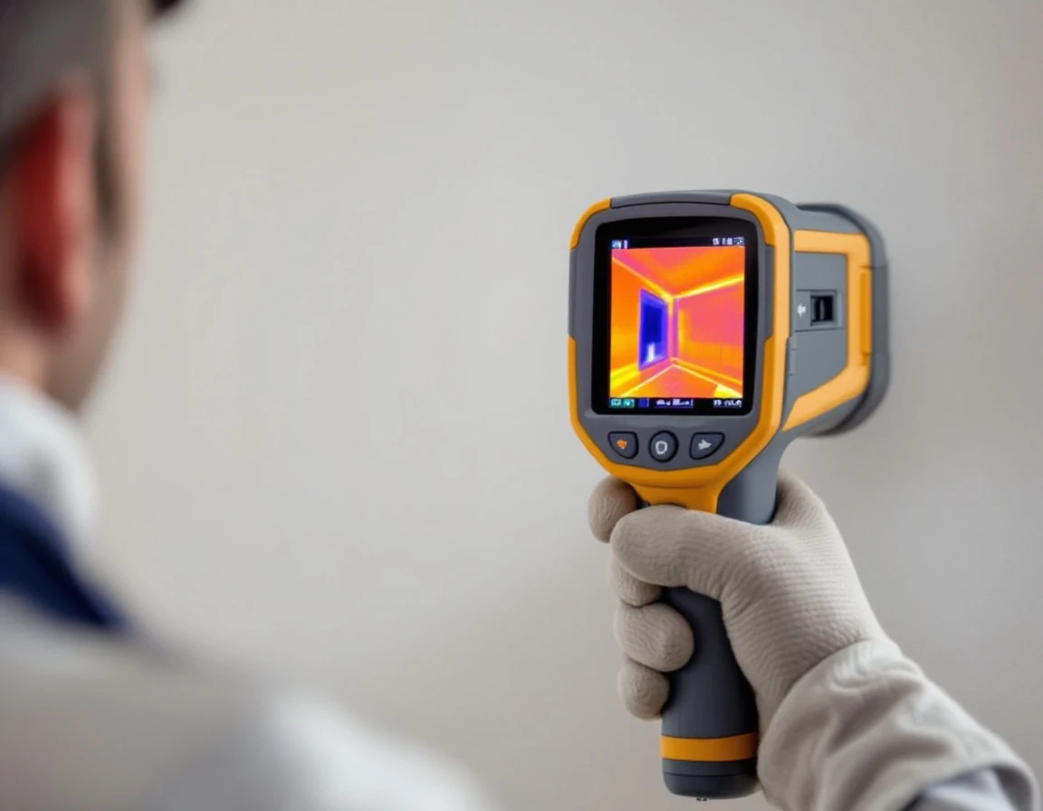 A thermal imaging camera aimed at a wall, the cold patch showing only on its screen