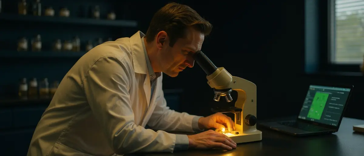 A lab analyst examining the sample